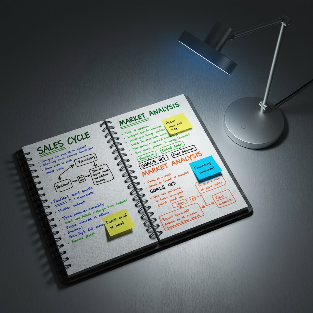 A notepad with two separate sections titled "Sales Cycle" and "Market Analysis," with input lines and examples in blue and...