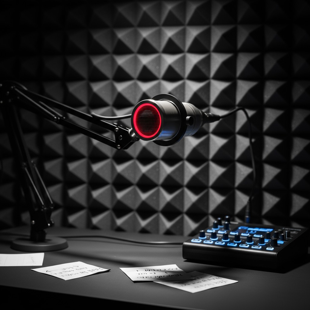 An image of a recording studio microphone in a recording studio.