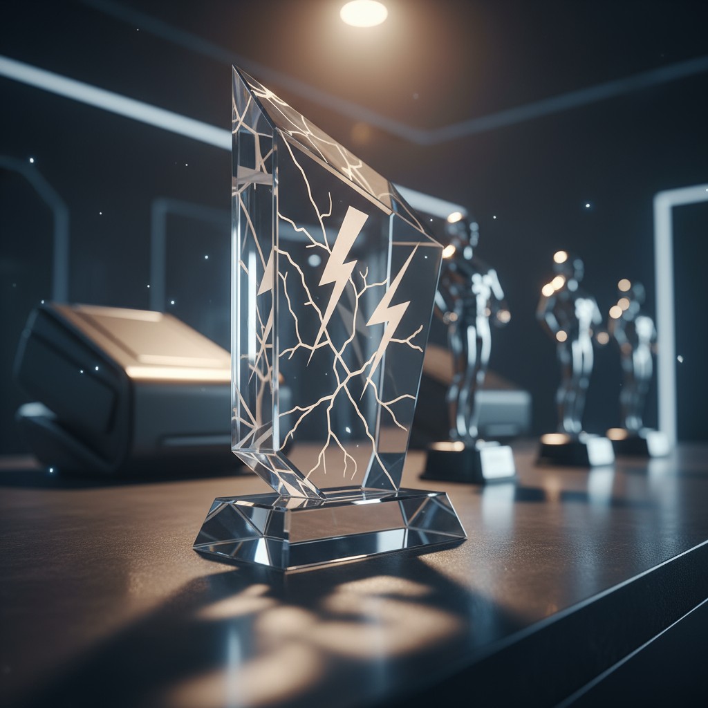 A transparent glass trophy with a lightning bolt engraved inside, sits atop a darkened table in a room adjacent to similar...