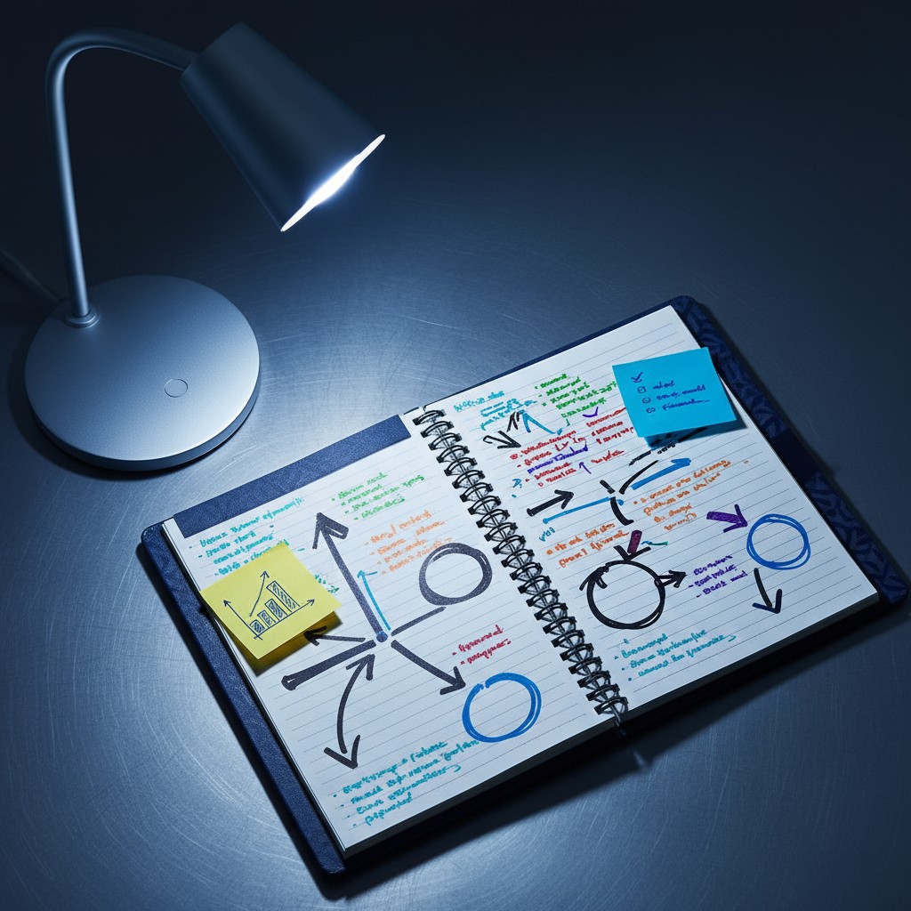 The desk lamp is on, casting a warm glow on an open notebook filled with colorful notes and sketches, created human hands....