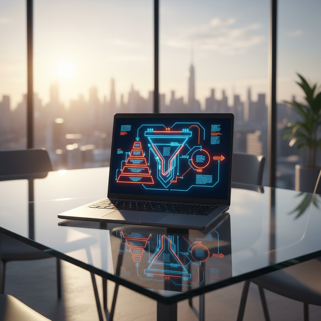 Laptop with a virtual funnel flowchart on the display, sitting on a glass table in a modern office.