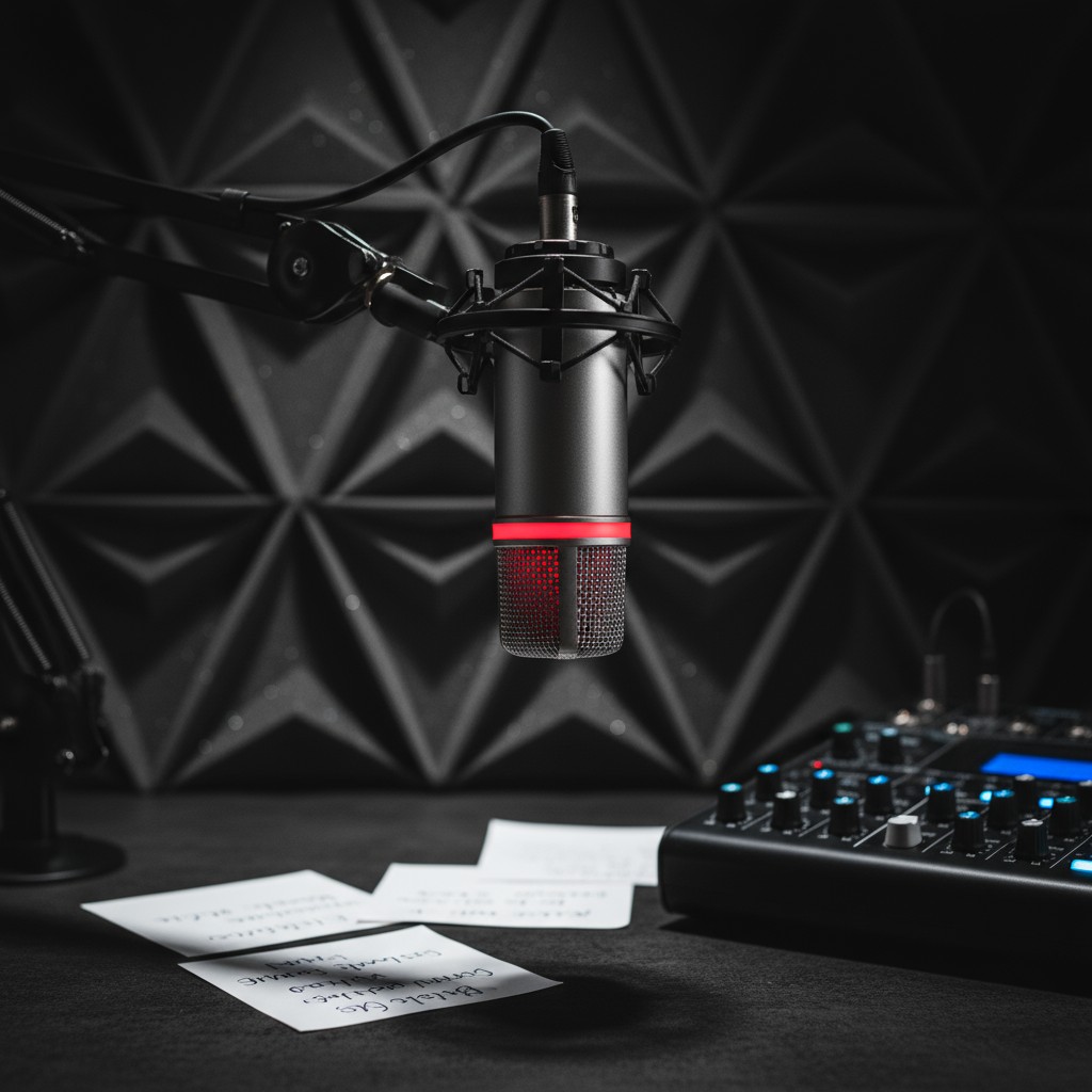 The image depicts a recording studio setup for a podcast with a microphone and sheets of paper for notes, accompanied by a...