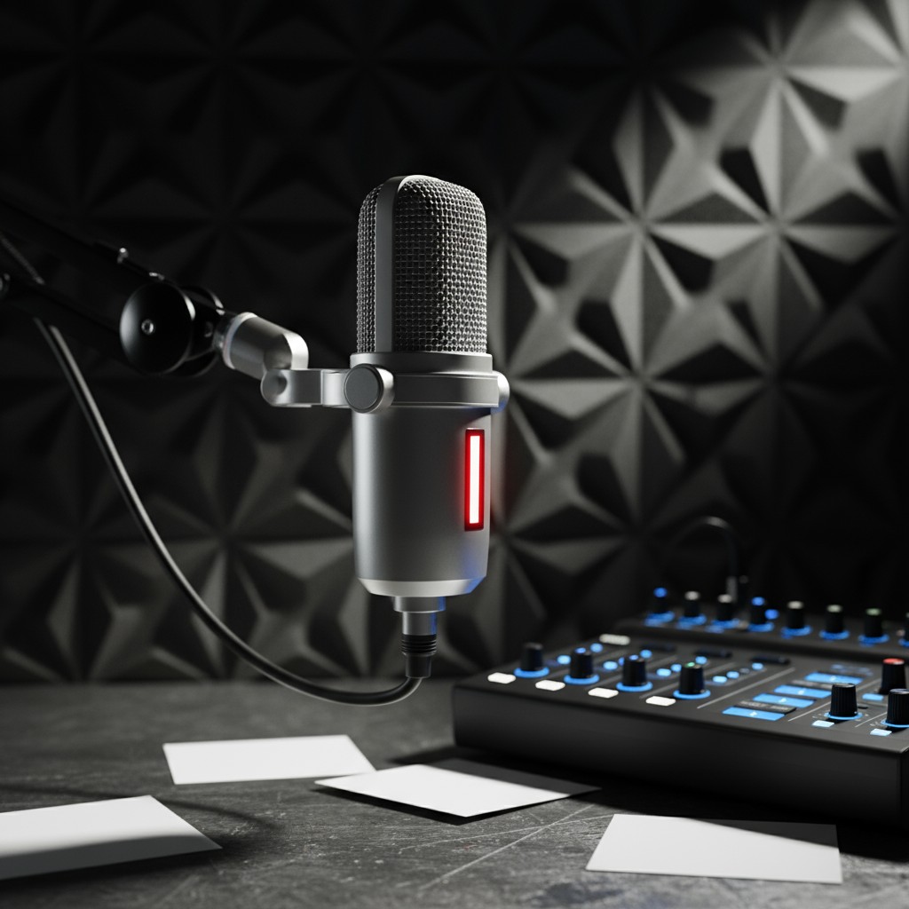 A silver microphone in a recording studio with a blurred wall and controls, conveying a sense of audio engineering and pro...