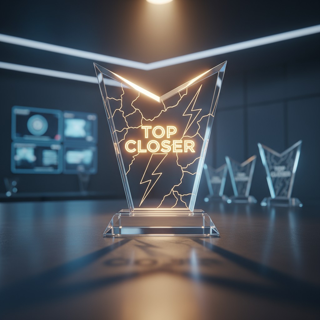 An award on display with trophies in the background under the lighting of a pedestal at the end of a dimly lit hallway.